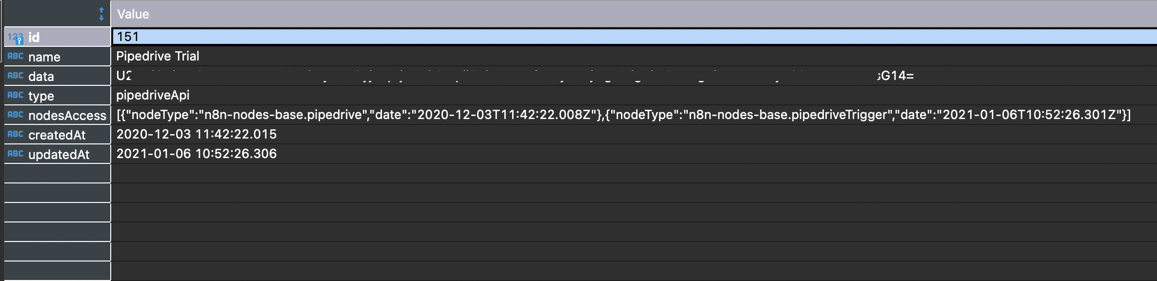 Data stored in the credentials_entity table